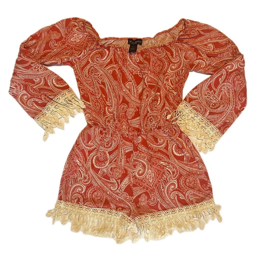 See You Monday Women’s BoHo Red Bandana Print with White Fringe Romper Size M